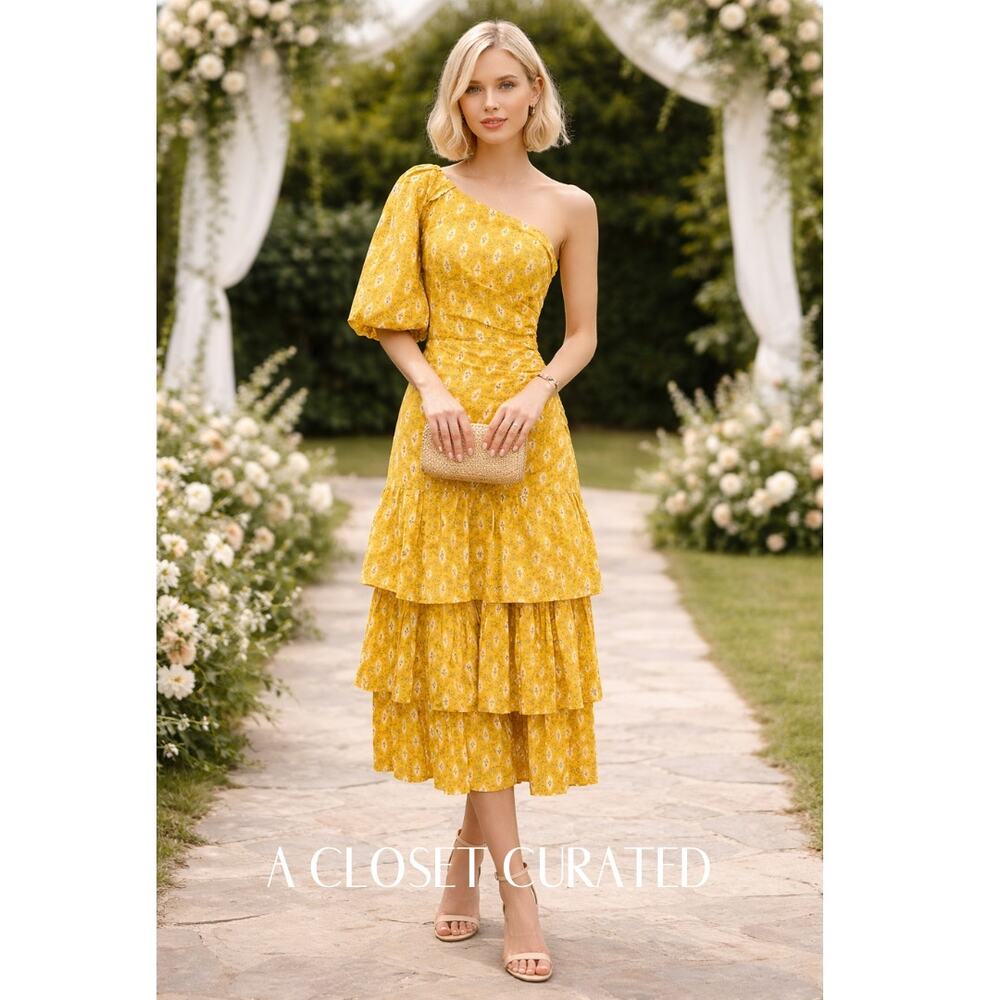 Veronica Beard Virginia One Shoulder Silk Midi Dress 6 Yellow NEW